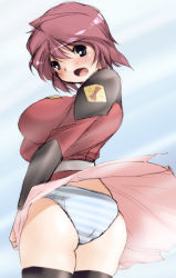 Rule 34 | 00s, 1girl, ahoge, ass, black thighhighs, blue eyes, blue panties, blush, breasts, covering crotch, covering privates, day, gundam, gundam seed, gundam seed destiny, kantori, large breasts, looking back, lunamaria hawke, military, military uniform, open mouth, panties, pantyshot, pink hair, skirt, skirt tug, sky, solo, striped clothes, striped panties, tag, thighhighs, underwear, uniform, wind, wind lift