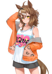 Rule 34 | 1girl, ahoge, animal ears, arm behind back, bare shoulders, black shorts, blush, brown hair, cardigan, casual, commentary, cowboy shot, earrings, hair between eyes, hand in pocket, highres, horse ears, horse girl, jewelry, jungle pocket (umamusume), katuko deluxe, looking at viewer, messy hair, multicolored hair, necklace, notched ear, off shoulder, open cardigan, open clothes, orange sweater, shorts, simple background, solo, streaked hair, sweater, tank top, two-tone hair, umamusume, white background, yellow eyes