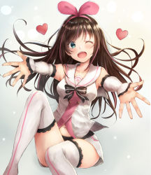 Rule 34 | 1girl, ;d, blue eyes, blush, bow, bowtie, breasts, brown hair, detached sleeves, feet out of frame, hairband, happy, heart, irohakaede, kizuna ai, kizuna ai inc., knees up, lace, lace-trimmed legwear, lace-trimmed sleeves, lace trim, long hair, looking at viewer, medium breasts, multicolored hair, navel, one eye closed, open mouth, outstretched arm, pink hair, sailor collar, shirt, shorts, sitting, smile, solo, teeth, thighhighs, virtual youtuber