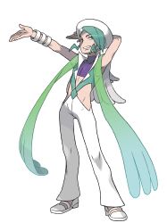 Rule 34 | 1boy, absurdres, aqua eyes, aqua hair, aqua vest, arm behind head, armpits, arms up, artist request, bangle, beret, bracelet, capelet, covered collarbone, creatures (company), crop top, full body, game freak, grin, gym leader, happy, hat, highres, jewelry, looking to the side, male focus, matching hair/eyes, nintendo, official art, outstretched arm, pants, pokemon, pokemon oras, purple shirt, see-through, shirt, shoes, short hair, simple background, skin tight, sleeveless, sleeveless shirt, smile, solo, standing, swept bangs, teeth, transparent background, turtleneck, wallace (pokemon), white capelet, white footwear, white hat, white pants