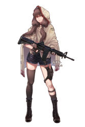 Rule 34 | 1girl, absurdres, ar-15, assault rifle, black footwear, black gloves, black thighhighs, boots, brown cape, brown hair, cape, dated, fingerless gloves, full body, gloves, guiyexiazhi, gun, highres, holding, holding weapon, hood, hooded cape, long hair, looking at viewer, m16, original, red eyes, rifle, short shorts, shorts, simple background, single thighhigh, solo, standing, thighhighs, weapon, white background