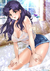 Rule 34 | 1girl, ass, bare arms, bare legs, bare shoulders, breasts, brown eyes, cleavage, denim, denim shorts, highres, katsuragi misato, large breasts, long hair, looking at viewer, neon genesis evangelion, no bra, open mouth, oyaman, purple hair, shiny skin, shirt, short shorts, shorts, solo, standing, twitter username, wet, wet clothes, wet shirt, white shirt