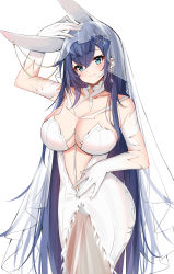 Rule 34 | 1girl, absurdres, animal ears, azur lane, blue eyes, blush, breasts, bridal veil, catnnn, cleavage, closed mouth, dress, fake animal ears, gloves, hair ornament, highres, large breasts, looking at viewer, new jersey (azur lane), new jersey (snow-white ceremony) (azur lane), official alternate costume, see-through, simple background, solo, standing, star (symbol), star hair ornament, veil, wedding dress, white dress, white gloves
