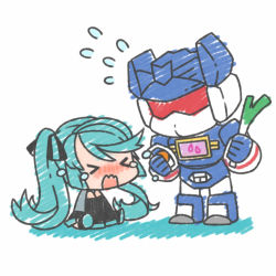 Rule 34 | &gt; &lt;, 1girl, blush, chibi, closed eyes, couple, crossover, crying, decepticon, flying sweatdrops, food, hatsune miku, long hair, mecha, open mouth, rkp, robot, soundwave (transformers), spring onion, transformers, transformers: generation 1, vegetable, very long hair, vocaloid, wavy mouth
