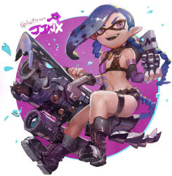 Rule 34 | &gt;:d, 1girl, :d, bare shoulders, belt, bikini, bikini top only, black footwear, boots, braid, breasts, canking, cannon, cartridge, character name, copyright name, crossover, detached sleeves, explosive, fang, full body, grenade, holding, holding weapon, huge weapon, inkling, inkling player character, jewelry, jinx (league of legends), league of legends, long hair, midriff, navel, necklace, nintendo, open mouth, pendant, purple eyes, purple hair, short shorts, shorts, simple background, small breasts, smile, solo, splatoon (series), splatoon 1, swimsuit, tattoo, tentacle hair, twin braids, v-shaped eyebrows, very long hair, weapon