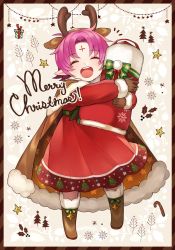 Rule 34 | 1girl, aym (ash3ash3ash), blush, boots, cape, christmas, closed eyes, dress, facial mark, fae (fire emblem), fae (winter) (fire emblem), fire emblem, fire emblem: the binding blade, fire emblem heroes, forehead mark, gloves, highres, looking at viewer, nintendo, open mouth, pointy ears, purple hair, short hair, smile, solo