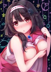 Rule 34 | 10s, 1girl, :o, absurdres, armpit peek, bare arms, bare shoulders, black hair, blush, breasts, commentary request, covering privates, covering breasts, flipped hair, hair ornament, hair over shoulder, hairband, highres, japanese clothes, jewelry, kantai collection, kimono, large breasts, looking at viewer, low ponytail, magatama, necklace, nicoby, nose blush, red eyes, ryuuhou (kancolle), sleeveless, solo, taigei (kancolle), upper body, whale hair ornament