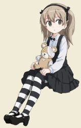 Rule 34 | 10s, 1girl, beige background, black bow, black bowtie, black footwear, black pantyhose, black ribbon, black skirt, boko (girls und panzer), bow, bowtie, brown eyes, casual, collared shirt, commentary, full body, girls und panzer, hair ribbon, high-waist skirt, holding, holding stuffed toy, invisible chair, layered skirt, light brown hair, long hair, long sleeves, looking at viewer, mary janes, nogitatsu, pantyhose, parted lips, ribbon, shimada arisu, shirt, shoes, side ponytail, simple background, sitting, skirt, solo, striped clothes, striped pantyhose, stuffed animal, stuffed toy, suspender skirt, suspenders, teddy bear, white shirt