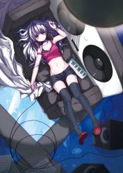 Rule 34 | 1girl, black thighhighs, bra, breasts, couch, crop top, groin, headphones, highres, instrument, itou nanami, jellyfish, keyboard (instrument), legs, lingerie, long hair, lying, melodica, midriff, navel, open clothes, open shorts, original, panties, plaid, plaid bra, plaid panties, sheet music, short shorts, shorts, slippers, solo, speaker, strap slip, tank top, thighhighs, unbuttoned, underwear, white eyes, white hair, zettai ryouiki