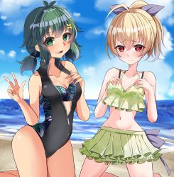 Rule 34 | 2girls, absurdres, ahoge, andou tazusa, antenna hair, assault lily, bare arms, bare legs, bare shoulders, beach, bikini, bikini skirt, black bikini, black one-piece swimsuit, blue sky, blush, bow, breasts, casual one-piece swimsuit, cleavage, closed mouth, cloud, collarbone, commentary request, commission, day, floral print, flower, green eyes, green hair, grey bow, hair between eyes, hair bow, hair flower, hair ornament, hand on own chest, hand up, hands on own chest, high ponytail, highres, horizon, kneeling, looking at viewer, low twintails, medium breasts, multiple girls, navel, ocean, official alternate costume, official alternate hairstyle, on ground, one-piece swimsuit, outdoors, parted lips, ponytail, print bikini, print swimsuit, raised eyebrows, red eyes, short hair, skeb commission, sky, smile, stomach, swimsuit, twintails, unzipped, w, wavy mouth, ya-man, yellow bikini, yellow flower, yoshimura thi mai, zipper pull tab