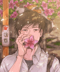 Rule 34 | 1boy, against wall, animal, azalea (flower), bag, black eyes, black hair, calico, cat, closed eyes, collared shirt, covered mouth, fangs, fingernails, flower, flower over mouth, foliage, from side, highres, holding, holding flower, inumoto922, leaf, long fingernails, looking at viewer, male focus, mole, mole under eye, open mouth, original, outdoors, pink flower, plant, portrait, shirt, short hair, sign, solo, straight-on, t-shirt, upper body, whiskers, white shirt, yawning