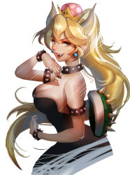 Rule 34 | alice jing, armlet, black nails, blonde hair, blue eyes, bowsette, bracelet, collar, crown, earrings, evil smile, fangs, jewelry, long hair, mario (series), mushroom, nail polish, new super mario bros. u deluxe, nintendo, ofskysociety, pointy ears, shell, smile, solo, spiked armlet, spiked bracelet, spiked collar, spiked shell, spikes, super crown