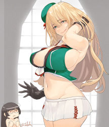 Rule 34 | 2girls, atago (kancolle), black gloves, blonde hair, blue eyes, breast envy, breasts, choukai (kancolle), choukai (kancolle) (cosplay), choukai kai ni (kancolle), choukai kai ni (kancolle) (cosplay), commentary request, cosplay, fuwafuwatoufu, gloves, green shirt, highres, kantai collection, large breasts, long hair, midriff, multiple girls, nude, one-hour drawing challenge, pleated skirt, shirt, skirt, sleeveless, sleeveless shirt, solo focus, standing, white skirt, window