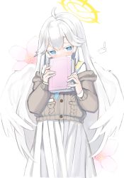 Rule 34 | 1girl, absurdres, blue archive, blue eyes, blush, book, brown cardigan, cardigan, colored eyelashes, commentary request, cosplay, covered mouth, feathered wings, flower, hair between eyes, halo, highres, holding, holding book, indie virtual youtuber, long hair, looking at viewer, mashiro rei, pink flower, pleated skirt, retorillo, sailor collar, school uniform, serafuku, shirt, simple background, skirt, solo, ui (blue archive), ui (blue archive) (cosplay), very long hair, virtual youtuber, white background, white hair, white sailor collar, white serafuku, white shirt, white skirt, white wings, wings