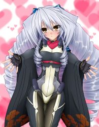 Rule 34 | 1girl, 72k 7410, bad anatomy, big hair, blush, bodysuit, drill hair, embarrassed, fingerless gloves, flat chest, gloves, kyoukaisenjou no horizon, long hair, long sleeves, nate mitotsudaira, outstretched arms, pantyhose, silver hair, solo, very long hair, wide hips, yellow eyes
