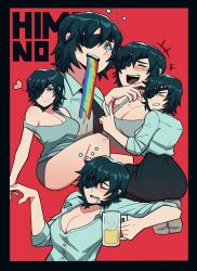 Rule 34 | 1girl, absurdres, aneurysm ax, beer mug, black border, black hair, black necktie, black pants, border, breasts, chainsaw man, character name, cleavage, closed eyes, collared shirt, cup, drunk, eyepatch, grey tank top, highres, himeno (chainsaw man), holding, holding cup, large breasts, laughing, looking at viewer, looking back, looking to the side, mug, necktie, off shoulder, open mouth, pants, partially unbuttoned, red background, saliva, seiza, shirt, shirt tucked in, short hair, simple background, sitting, smile, squeans, tank top, tearing up, teeth, v, vomiting rainbows, white shirt
