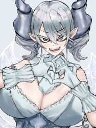 Rule 34 | 1girl, absurdres, adeshi (adeshi0693119), bare shoulders, breasts, cleavage, detached collar, duel monster, earrings, fangs, grey eyes, grey hair, highres, jewelry, large breasts, lovely labrynth of the silver castle, pointy ears, slit pupils, tagme, transparent wings, yu-gi-oh!