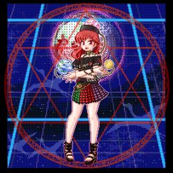 Rule 34 | 1girl, bare shoulders, chain, clothes writing, collar, earth (ornament), hat, hecatia lapislazuli, hexagram, long hair, lowres, makoto-k, miniskirt, moon (ornament), multicolored clothes, multicolored skirt, open mouth, pixel art, red eyes, red hair, sandals, shirt, skirt, smile, solo, star of david, t-shirt, touhou