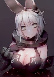 Rule 34 | 1girl, animal ears, bad id, bad pixiv id, black gloves, blush, breasts, cleavage, closed mouth, collar, dress, elbow gloves, elphelt valentine, girls&#039; frontline, gloves, grey eyes, grey hair, guilty gear, guilty gear xrd, hanato (seonoaiko), hand on own chest, hand up, large breasts, looking at viewer, official alternate costume, sangvis ferri, short hair, sidelocks, smile, solo, spoilers, tank top, upper body, wedding dress