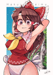 Rule 34 | 1girl, absurdres, armpits, arms behind head, arms up, ascot, blush, bow, breasts, brown eyes, brown hair, carte, character name, collar, eyelashes, frilled bow, frilled collar, frilled hair tubes, frills, fundoshi, hair bow, hair tubes, hakurei reimu, highres, japanese clothes, large breasts, long hair, looking at viewer, nontraditional miko, red bow, red vest, shiny skin, sideboob, signature, unworn sleeves, smile, solo, sparkling eyes, touhou, vest, yellow ascot