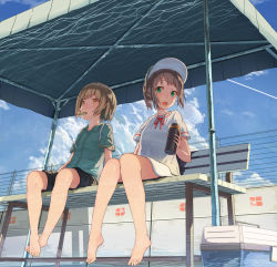 Rule 34 | 2girls, :o, arm at side, arms at sides, backpack, bag, barefoot, baseball cap, bench, blouse, blue shirt, blue sky, blush, box, brown hair, canopy (shelter), caustics, cjl6y5r, cloud, collared shirt, contrail, cooler, day, dress shirt, eyebrows, feet, feet together, fence, flat chest, food, food in mouth, from below, full body, green eyes, hat, high ponytail, highres, holding, knees apart feet together, knees together feet apart, looking at viewer, looking away, looking up, md5 mismatch, mouth hold, multiple girls, neck ribbon, open mouth, orange eyes, original, outdoors, oweee, own, ponytail, popsicle, red ribbon, reflection, resolution mismatch, ribbon, shade, shadow, shirt, short hair, short sleeves, shorts, sidelocks, sitting, skirt, sky, source larger, strap slip, summer, sweat, swept bangs, thermos, toes, water, white shirt, white skirt
