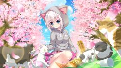 Rule 34 | 1girl, animal hood, biting, biting clothes, blanket, blue eyes, blue sky, cat, cat hood, cherry blossoms, chips (food), cloud, cup, day, dot nose, drinking glass, dutch angle, eating, film grain, food, from below, game cg, grey hoodie, hanami, hood, hoodie, izumi tsubasu, lens flare, multiple cats, nishidate haku, non-web source, official art, on ground, outdoors, petals, petting, picnic, pink skirt, potato chips, re:stage!, short hair, skirt, skirt grab, sky, smile, snack, solo, sparkle, thermos, tree, white cat, white hair