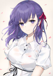 Rule 34 | 1girl, black ribbon, blush, breasts, buttons, closed mouth, collared shirt, commentary request, emyo, fate/stay night, fate (series), floating hair, hair ribbon, highres, large breasts, long hair, looking at viewer, matou sakura, official alternate costume, petals, purple eyes, purple hair, red ribbon, ribbon, shirt, short sleeves, sidelocks, smile, solo, upper body, white shirt