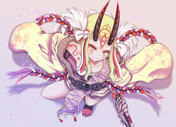 Rule 34 | 1girl, absurdres, blonde hair, collarbone, earrings, facial mark, fate/grand order, fate (series), hadokeso, hadoukeso, highres, horns, ibaraki douji (fate), japanese clothes, jewelry, kimono, long hair, off shoulder, oni, rope, solo, tattoo, weapon, yellow eyes