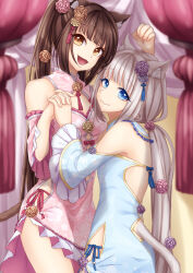 Rule 34 | 2girls, :3, :d, animal ear fluff, animal ears, bare shoulders, blue dress, blue eyes, blunt bangs, blurry, blurry background, breasts, brown eyes, brown hair, cat ears, cat girl, cat tail, china dress, chinese clothes, chocola (nekopara), cleavage, cleavage cutout, closed mouth, clothing cutout, colored eyelashes, commentary request, cowboy shot, curtains, dress, floral print, flower, frilled sleeves, frills, grey hair, hair flower, hair ornament, hands up, highres, hip vent, holding hands, indoors, interlocked fingers, lolita fashion, long hair, long sleeves, looking at viewer, low twintails, medium breasts, multiple girls, nekopara, off-shoulder dress, off shoulder, official alternate costume, official alternate hairstyle, open mouth, orange flower, orange rose, partial commentary, paw pose, pink dress, pink flower, pink rose, print dress, purple flower, purple rose, qi lolita, ririi (ai-my talikng), rose, siblings, sidelocks, sisters, small breasts, smile, straight hair, tail, tassel, tassel hair ornament, twintails, vanilla (nekopara), very long hair, wide sleeves