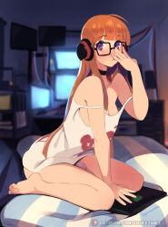 Rule 34 | 1girl, adjusting eyewear, ahoge, artist name, bare legs, bare shoulders, barefoot, bed, bedroom, between legs, black choker, blunt bangs, blurry, blurry background, blush, breasts, choker, commentary, computer, english commentary, full body, glasses, hand on eyewear, hand up, headphones, highres, hitachi magic wand, indoors, laptop, leaning forward, long hair, monitor, multiple monitors, nipple slip, nipples, no pants, on bed, orange hair, parted lips, patreon username, persona, persona 5, purple eyes, sakura futaba, screen light, sex toy, sitting, small breasts, solo, squeezable (squeezabledraws), strap slip, tank top, thighs, vibrator, wariza, watermark, web address, white tank top