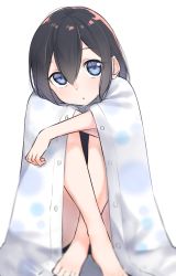 Rule 34 | 1girl, :o, bare legs, barefoot, black hair, black one-piece swimsuit, blue eyes, blush, commentary request, crossed ankles, crossed arms, hair between eyes, head tilt, highres, knees up, looking at viewer, one-piece swimsuit, original, parted lips, sitting, solo, suzunari shizuku, swimsuit, white background, yuki arare