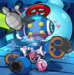 Rule 34 | android, arm cannon, armor, blush, cryosphere, english text, heart, highres, cryosphere, mighty no. 9, open mouth, pussy, pussy juice, robot, sex toy, sextoy, text focus, vibrator, weapon