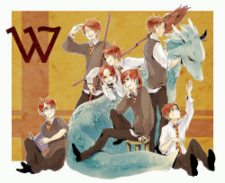 Rule 34 | 1girl, 6+boys, animification, bill weasley, black footwear, book, broom, brother, brother and sister, brothers, charlie weasley, childlock, collared shirt, dragon, family, fred weasley, george weasley, ginny weasley, glasses, harry potter (series), head rest, long hair, male focus, multiple boys, necktie, open book, orange hair, percy weasley, reading, red hair, ron weasley, school uniform, shirt, shoes, short hair, siblings, sitting, sleeves rolled up, smile, standing, striped necktie, striped neckwear, sweater vest, twins, uniform, white shirt, wizarding world