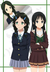 Rule 34 | 3girls, akiyama mio, aqua ribbon, arms behind back, black eyes, black hair, blazer, blush, braid, breasts, buttons, company connection, cosplay, costume switch, cowboy shot, cp9a, crossed arms, crossover, extra, green eyes, green neckerchief, hair ornament, hair over shoulder, hairclip, hibike! euphonium, highres, hikasa youko, jacket, k-on!, kyoto animation, light smile, long hair, long sleeves, look-alike, looking at viewer, multiple girls, name connection, neck ribbon, neckerchief, parted bangs, pleated skirt, ribbon, saitou aoi, sasaki youko, school uniform, scrunchie, serafuku, sidelocks, skirt, small breasts, smile, standing, twin braids, very long hair, voice actor connection