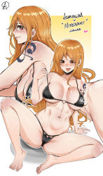 Rule 34 | 1girl, abs, absurdres, almualim, arm support, ass, barefoot, bikini, black bikini, blush, breasts, breasts apart, closed mouth, curvy, feet, highres, huge ass, knee up, large breasts, legs, long hair, mifenami, nami (one piece), navel, one piece, orange hair, shiny skin, shoulder tattoo, sitting, soles, spread legs, swimsuit, tattoo, thighs, thong, thong bikini, toenails, toes, tongue, tongue out, wide hips