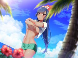 Rule 34 | 10s, 1girl, :o, armpit peek, beanie, blue sky, blurry, blush, breasts, clothes lift, cloud, cosplay, cowboy shot, creatures (company), crossed arms, day, depth of field, flower, game freak, green shorts, hat, hibiscus, hizuki akira, horizon, long hair, looking at viewer, medium breasts, midriff, navel, nintendo, outdoors, palm tree, parted lips, plant, pokemon, pokemon rgby, pokemon sm, purple hair, red eyes, red hat, sabrina (pokemon), selene (pokemon), selene (pokemon) (cosplay), shirt lift, shorts, simple background, sky, solo, stomach, tan, tree, tsurime, underboob, undressing, water, white background