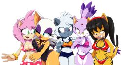 Rule 34 | 5girls, absurdres, amy rose, bikini, blaze the cat, breasts, cleavage, green eyes, grin, hand on own hip, highres, honey the cat, large breasts, legs, lips, makeup, multiple girls, navel, one-piece swimsuit, one eye closed, purple eyes, red eyes, rouge the bat, smile, sonic (series), swimsuit, tail, tangle the lemur, thick thighs, thighs, twintails, wink