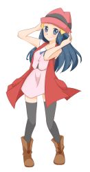 Rule 34 | 1girl, :d, black thighhighs, blue eyes, blue hair, blue ribbon, collarbone, cosplay, creatures (company), dawn (pokemon), game freak, long hair, looking at viewer, mikeko (neko19920311), miniskirt, nintendo, open mouth, pink headwear, pink shirt, pink skirt, pokemon, pokemon (anime), pokemon dppt (anime), pokemon xy (anime), ribbon, serena (pokemon), serena (pokemon) (cosplay), shirt, short hair, simple background, skirt, sleeveless, sleeveless shirt, smile, solo, standing, thighhighs, transparent background, white background, zettai ryouiki