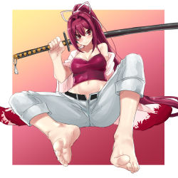 Rule 34 | 1girl, barefoot, breasts, camisole, capri pants, cleavage, collarbone, covered erect nipples, crop top, eiji (eiji), feet, foot focus, foreshortening, hair intakes, highres, jacket, jacket on shoulders, katana, large breasts, long hair, midriff, navel, ootachi, open fly, over shoulder, pants, ponytail, red camisole, red eyes, red hair, soles, solo, sword, toes, under night in-birth, weapon, weapon over shoulder, white pants, yuzuriha (under night in-birth)