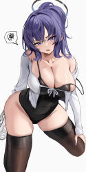 Rule 34 | 1girl, :o, absurdres, black one-piece swimsuit, black thighhighs, blue archive, breasts, casual one-piece swimsuit, cleavage, collarbone, covered navel, fingernails, groin, halo, highres, large breasts, looking at viewer, nail polish, one-piece swimsuit, purple eyes, purple hair, shirt, simple background, skates, solo, spoken squiggle, squiggle, stone (ksorede), swimsuit, thighhighs, white background, white shirt, yuuka (blue archive)