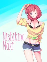 Rule 34 | 10s, 1girl, bad id, bad pixiv id, belt, breasts, character name, cleavage, cutoffs, denim, denim shorts, hand on headwear, hat, highres, looking at viewer, love live!, love live! school idol festival, love live! school idol project, midriff, mini hat, nishikino maki, off shoulder, one eye closed, oversized clothes, oversized shirt, purple eyes, red hair, shirt, short hair, shorts, smile, solo, tied shirt, tomato-ed