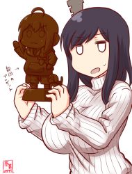 Rule 34 | 1girl, :3, ahoge, alternate costume, artist logo, black hair, breasts, chocolate, chocolate statue, commentary request, dated, dog, food, hair ornament, holding, holding chocolate, holding food, hood, hood down, hoodie, kanon (kurogane knights), kantai collection, large breasts, long sleeves, open mouth, puppy, ribbed sweater, sculpture, shigure (kancolle), short hair, shorts, simple background, sweatdrop, sweater, translation request, turtleneck, turtleneck sweater, white background, white sweater, yamashiro (kancolle)