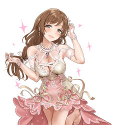 Rule 34 | 1girl, armpits, bare legs, barefoot, blush, breasts, brown hair, cleavage, hamedoragon, heart, idolmaster, idolmaster cinderella girls, idolmaster cinderella girls starlight stage, long hair, looking at viewer, low-tied long hair, medium breasts, nitta minami, simple background, smile, solo, sparkle, standing, standing on one leg, toes, two-tone dress, white background