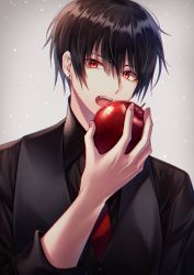 Rule 34 | 1boy, apple, black hair, black shirt, black vest, collared shirt, commentary, ear piercing, food, fruit, hand up, highres, holding, holding food, holding fruit, imminent bite, koyoka, long sleeves, looking at viewer, male focus, necktie, open mouth, original, piercing, red apple, red eyes, red necktie, sharp teeth, shirt, short hair, slit pupils, solo, teeth, vest