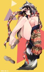 Rule 34 | :/, animal ears, ass, bare legs, bare shoulders, barefoot, black hair, breasts, closed mouth, common raccoon (kemono friends), extra ears, fingernails, full body, hand up, highres, kemono friends, knees up, long sleeves, looking at viewer, medium hair, mole, mole on breast, mole on thigh, multicolored hair, nanana (nanana iz), no bra, no nipples, no pants, off shoulder, open clothes, puffy long sleeves, puffy sleeves, raccoon ears, raccoon girl, raccoon tail, sandals, scarf, sidelocks, single sandal, small breasts, solo, tail, toenails, toes, white hair