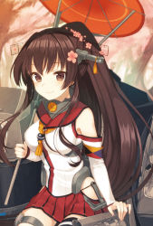 Rule 34 | 10s, 1girl, blush, breasts, brown eyes, brown hair, cherry blossoms, detached sleeves, flower, hair flower, hair ornament, kantai collection, long hair, looking at viewer, midorikawa you, oil-paper umbrella, personification, ponytail, single thighhigh, skirt, smile, solo, thighhighs, umbrella, yamato (kancolle)