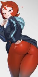 Rule 34 | 1girl, absurdres, arezu (pokemon), ass, ass focus, blush, breasts, closed mouth, cowlick, creatures (company), diamond clan outfit, from behind, game freak, gradient legwear, highres, huge ass, jacket, long sleeves, looking at viewer, looking back, nia (nia4294), nintendo, pantyhose, pokemon, pokemon legends: arceus, red eyes, red hair, short hair, smile, solo