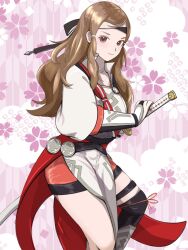 Rule 34 | 1girl, armor, brown hair, closed mouth, fire emblem, fire emblem fates, fire emblem heroes, hana (fire emblem), hana (resplendent) (fire emblem), highres, holding, holding sword, holding weapon, japanese armor, japanese clothes, katana, long hair, looking at viewer, matchanosuke fe, nintendo, official alternate costume, solo, sword, weapon