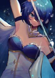 Rule 34 | 1girl, absurdres, air bubble, arm up, bare shoulders, blue background, blue eyes, blue hair, bodice, bubble, cape, chinese commentary, commentary request, crying, crying with eyes open, dripping, fortissimo, frills, hair ornament, hair over one eye, highres, holding, holding sword, holding weapon, looking at viewer, magical girl, mahou shoujo madoka magica, mahou shoujo madoka magica (anime), miki sayaka, musical note, musical note hair ornament, one eye covered, parted lips, serious, short hair, solo, sparkle, split045, sword, tears, upper body, weapon, white cape