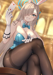 Rule 34 | 1girl, animal ears, asle, asuna (blue archive), asuna (bunny) (blue archive), bad id, bad twitter id, bare shoulders, blue archive, blue eyes, blue leotard, blush, bow, bowtie, breasts, brown pantyhose, cleavage, detached collar, elbow gloves, fake animal ears, gloves, hair over one eye, highleg, highleg leotard, highres, large breasts, leotard, light brown hair, long hair, looking at viewer, mole, mole on breast, pantyhose, playboy bunny, rabbit ears, revision, solo, thighs, traditional bowtie, white gloves